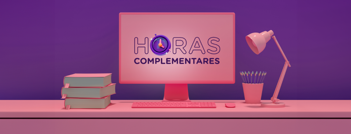 ilustração de monitor em uma escrivaninha com o "texto horas" complementares escrito na tela