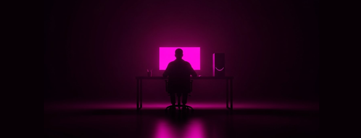 Silhueta de uma pessoa sentada diante de um computador iluminado por luz rosa em um ambiente escuro, representando o uso da IA no trabalho