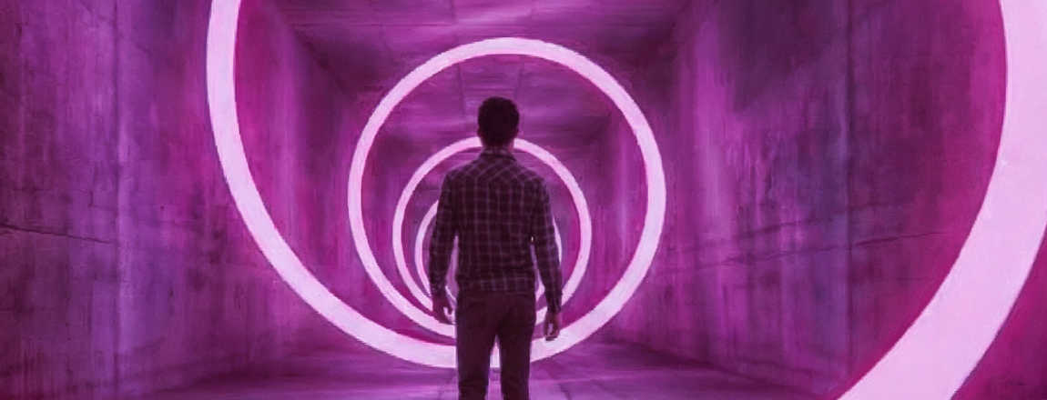 Um homem caminha por um túnel de concreto iluminado por anéis circulares de luz roxa, criando uma atmosfera que remete ao futuro do trabalho