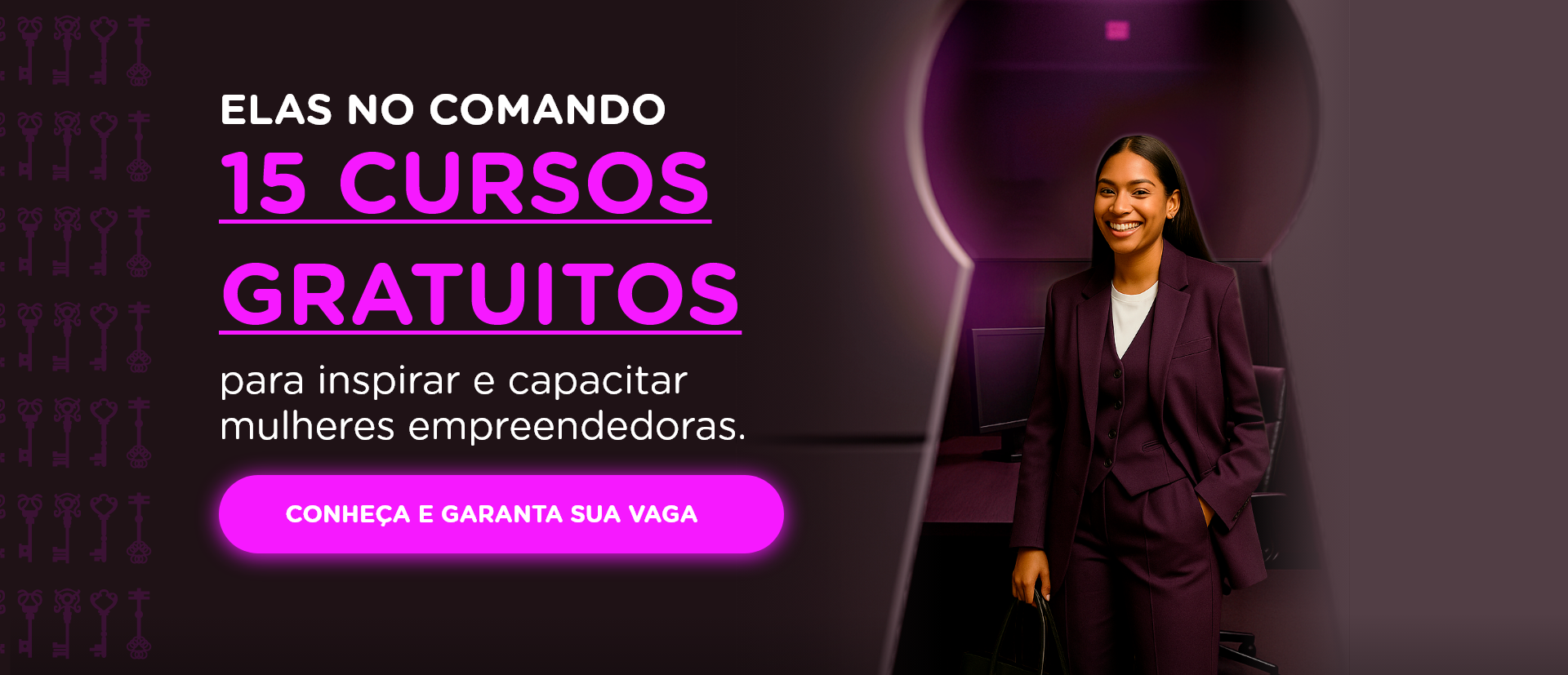 banner com a coleção de cursos Elas no Comando
